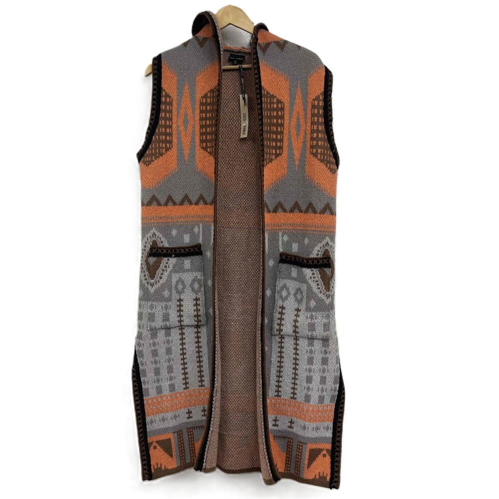Coco + Carmen Southwestern Hooded Longline Cardigan Vest Orange‎ Grey SM NWT